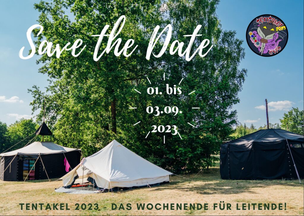 Zelt und Jurten auf einer Wiese, Save the Date